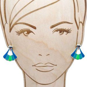 Chic Blue and Green Fan Earrings, Vintage Gold Tone with Retro Flair
